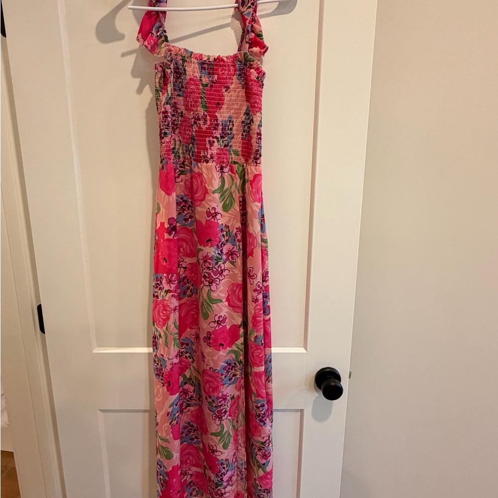 Bright Pink Floral Maxi Dress with Smocked Bodice